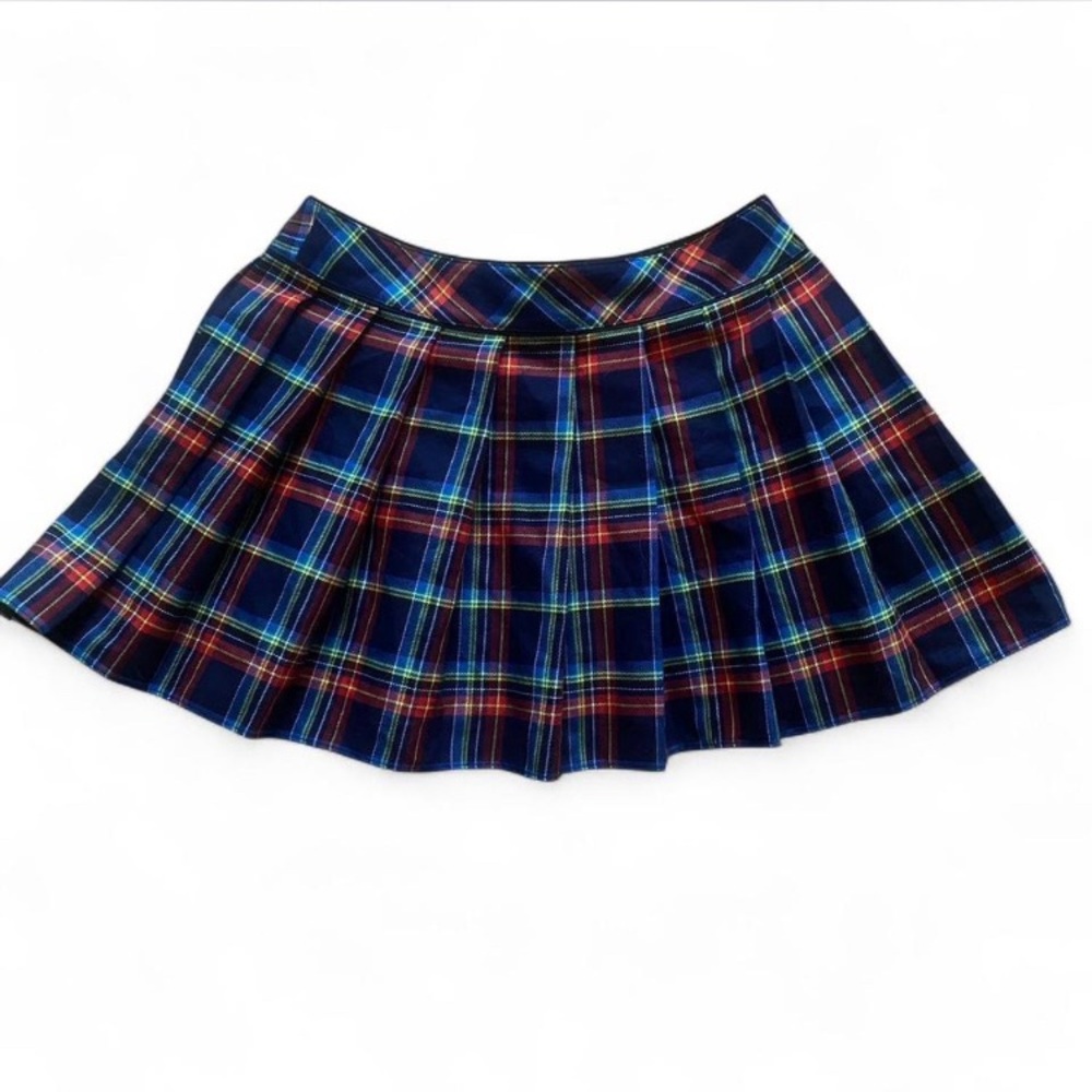 Blue and Red Plaid Tartan Pleated Mini Skirt